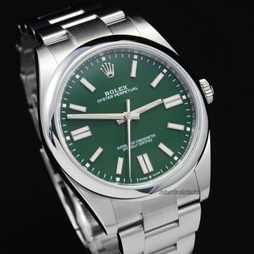 Rolex Oyster Perpetual 41 124300 Green Dial Unworn Brand New Recently Released Stainless Steel Oyster Bracelet For Sale Available Purchase Buy Online with Part Exchange or Direct Sale Manchester North West England UK Great Britain Buy Today Free Next Day Delivery Warranty Luxury Watch Watches