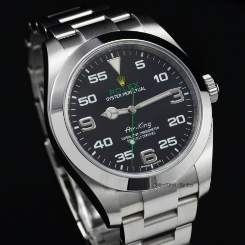 Rolex Air-King 116900 UK 2020 Box & Papers Green Writing Bloodhound Stainless Steel 40mm Black Dial Pre-Owned Second Hand Used 5 Years Warranty For Sale Available Purchase Buy Online with Part Exchange or Direct Sale Manchester North West England UK Great Britain Buy Today Free Next Day Delivery Warranty Luxury Watch Watches