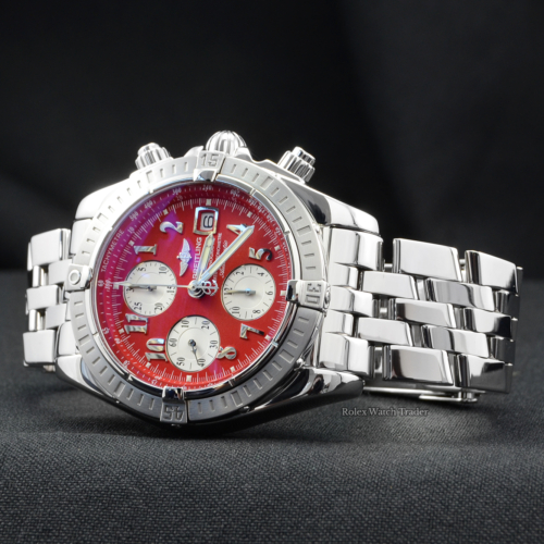 Breitling Chronomat Evolution A1335611/K508 Red Dial Pre-Owned Second Hand Rare Unique Special Arabic Numerals Pilot Steel Bracelet Box & Papers For Sale Available Purchase Buy Online with Part Exchange or Direct Sale Manchester North West England UK Great Britain Buy Today Free Next Day Delivery Warranty Luxury Watch Watches