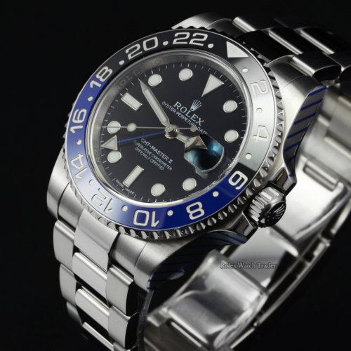 Rolex GMT-Master II 116710BLNR "Batman" SERVICED BY ROLEX with Stickers and 2 Year Warranty Black & Blue Ceramic Bezel Insert Stainless Steel Case and Bracelet Pre-Owned Used Second Hand 2015 For Sale Available Purchase Buy Online with Part Exchange or Direct Sale Manchester North West England UK Great Britain Buy Today Free Next Day Delivery Warranty Luxury Watch Watches