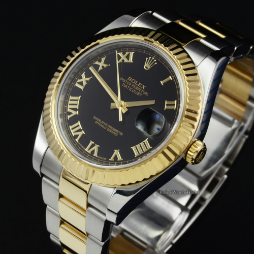 Rolex Datejust II 116333 SERVICED BY ROLEX with Stickers Black Roman Numeral Dial Pre-Owned Used Second Hand Full Service Stainless Steel and Yellow Gold For Sale Available Purchase Buy Online with Part Exchange or Direct Sale Manchester North West England UK Great Britain Buy Today Free Next Day Delivery Warranty Luxury Watch Watches