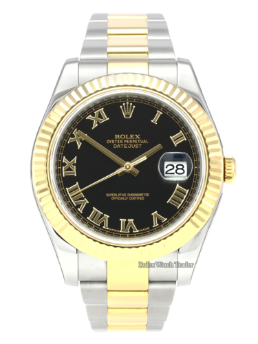 Rolex Datejust II 116333 SERVICED BY ROLEX with Stickers Black Roman Numeral Dial Pre-Owned Used Second Hand Full Service Stainless Steel and Yellow Gold For Sale Available Purchase Buy Online with Part Exchange or Direct Sale Manchester North West England UK Great Britain Buy Today Free Next Day Delivery Warranty Luxury Watch Watches