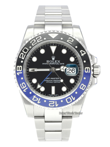 Rolex GMT-Master II 116710BLNR "Batman" SERVICED BY ROLEX with Stickers and 2 Year Warranty Black & Blue Ceramic Bezel Insert Stainless Steel Case and Bracelet Pre-Owned Used Second Hand 2015 For Sale Available Purchase Buy Online with Part Exchange or Direct Sale Manchester North West England UK Great Britain Buy Today Free Next Day Delivery Warranty Luxury Watch Watches