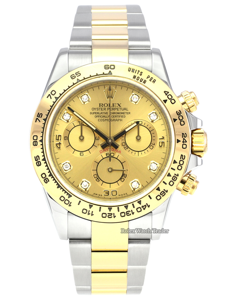 Rolex Daytona 116503 Bi-Metal Champagne Diamond Dot Dial Complete Set 2018 Pre-Owned Used For Sale Available Purchase Buy Online with Part Exchange or Direct Sale Manchester North West England UK Great Britain Buy Today Free Next Day Delivery Warranty Luxury Watch Watches