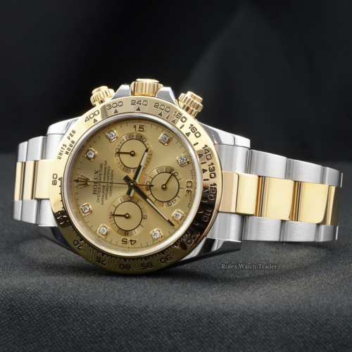 Rolex Daytona 116503 Bi-Metal Champagne Diamond Dot Dial Complete Set 2018 Pre-Owned Used For Sale Available Purchase Buy Online with Part Exchange or Direct Sale Manchester North West England UK Great Britain Buy Today Free Next Day Delivery Warranty Luxury Watch Watches
