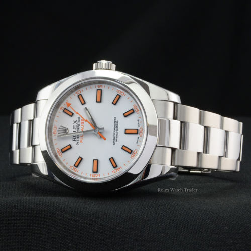 Rolex Milgauss 116400 White Dial SERVICED BY ROLEX Used Pre-Owned Second Hand White Dial Orange Lume Orange Lightning Bolt Seconds Hand Stainless Steel Case and Bracelet For Sale Available Purchase Buy Online with Part Exchange or Direct Sale Manchester North West England UK Great Britain Buy Today Free Next Day Delivery Warranty Luxury Watch Watches