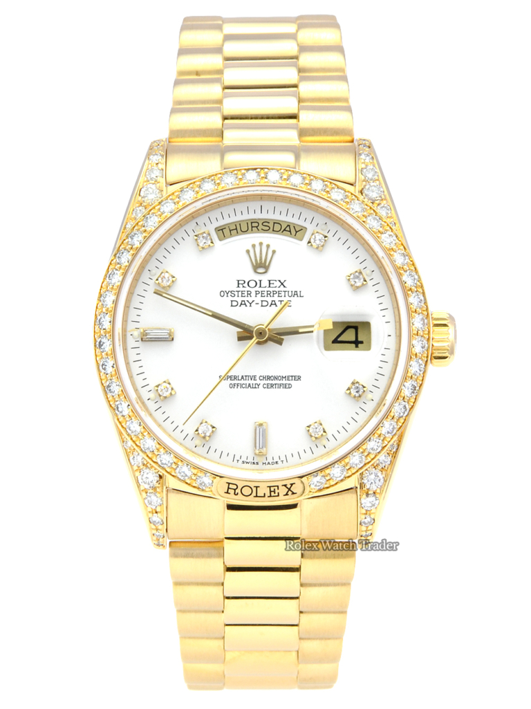 Rolex Day-Date 18138 Factory Diamond Set Shoulders and Bezel White Diamond Dot Dial Yellow Gold Presidential Bracelet Weekday Date Windows with Original Box & Papers Pre-Owned Serviced with 2 Years Warranty For Sale Available Purchase Buy Online with Part Exchange or Direct Sale Manchester North West England UK Great Britain Buy Today Free Next Day Delivery Warranty Luxury Watch Watches