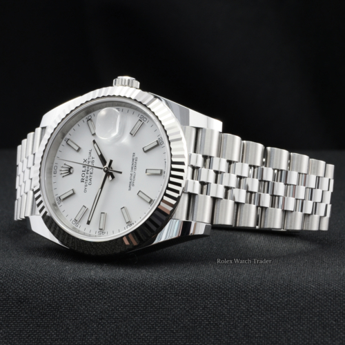 Rolex Datejust 41 126334 White Baton Unworn Brand New Stainless Steel Jubilee Bracelet Oysterclasp Oystersteel For Sale Available Purchase Buy Online with Part Exchange or Direct Sale Manchester North West England UK Great Britain Buy Today Free Next Day Delivery Warranty Luxury Watch Watches