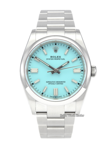 Rolex Oyster Perpetual 126000 36mm Turquoise Tiffany Blue Dial Unworn 2020 Brand New For Sale Available Purchase Buy Online with Part Exchange or Direct Sale Manchester North West England UK Great Britain Buy Today Free Next Day Delivery Warranty Luxury Watch Watches