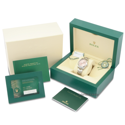 Rolex Oyster Perpetual 124200 34mm Pink Dial Unworn 2021 Stainless Steel Brushed Finish Ladies' Women's Watch For Sale Available Purchase Buy Online with Part Exchange or Direct Sale Manchester North West England UK Great Britain Buy Today Free Next Day Delivery Warranty Luxury Watch Watches