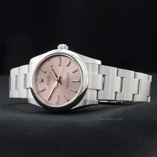 Rolex Oyster Perpetual 124200 34mm Pink Dial Unworn 2021 Stainless Steel Brushed Finish Ladies' Women's Watch For Sale Available Purchase Buy Online with Part Exchange or Direct Sale Manchester North West England UK Great Britain Buy Today Free Next Day Delivery Warranty Luxury Watch Watches