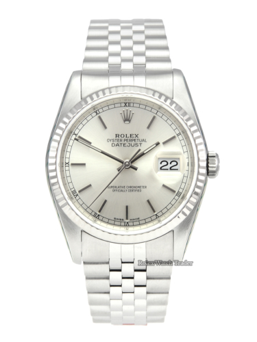Rolex Datejust 16234 Silver Baton Just Serviced by Rolex 36mm 2 Years Warranty Pre-Owned Second Hand Used 1991 Like New Very Good Condition For Sale Available Purchase Buy Online with Part Exchange or Direct Sale Manchester North West England UK Great Britain Buy Today Free Next Day Delivery Warranty Luxury Watch Watches