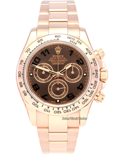 Rolex Daytona 116505 Serviced by Manufacturer with Stickers and 2 Year Warranty Chocolate Arabic Dial Rose Gold Discontinued Out of Production For Sale Available Purchase Buy Online with Part Exchange or Direct Sale Manchester North West England UK Great Britain Buy Today Free Next Day Delivery Warranty Luxury Watch Watches
