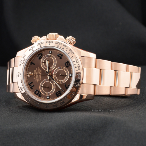 Rolex Daytona 116505 Serviced by Manufacturer with Stickers and 2 Year Warranty Chocolate Arabic Dial Rose Gold Discontinued Out of Production For Sale Available Purchase Buy Online with Part Exchange or Direct Sale Manchester North West England UK Great Britain Buy Today Free Next Day Delivery Warranty Luxury Watch Watches