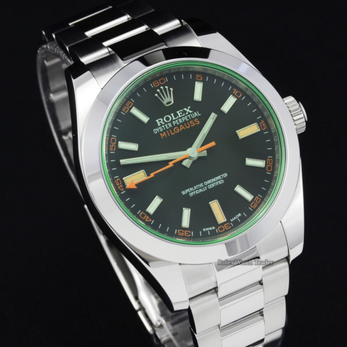 Rolex Milgauss 116400GV Black Dial Green Glass 2019 Stainless Steel Oyster Bracelet Pre-Owned Second Hand For Sale Available Purchase Buy Online with Part Exchange or Direct Sale Manchester North West England UK Great Britain Buy Today Free Next Day Delivery Warranty Luxury Watch Watches