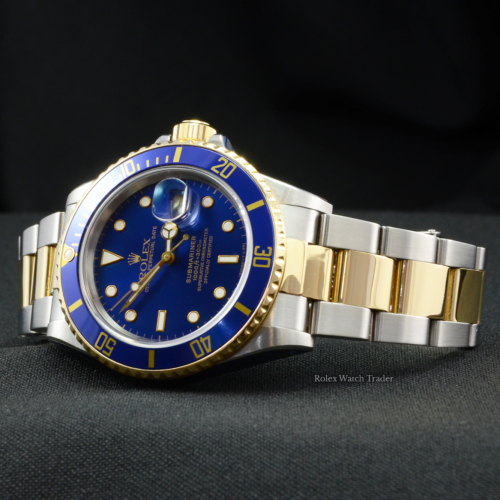 Rolex Submariner Date 16803 Serviced by Rolex with 2 Years Warranty Bi-Metal 40mm Stainless Steel & Yellow Gold Blue Sunburst Effect Dial For Sale Available Purchase Buy Online with Part Exchange or Direct Sale Manchester North West England UK Great Britain Buy Today Free Next Day Delivery Warranty Luxury Watch Watches