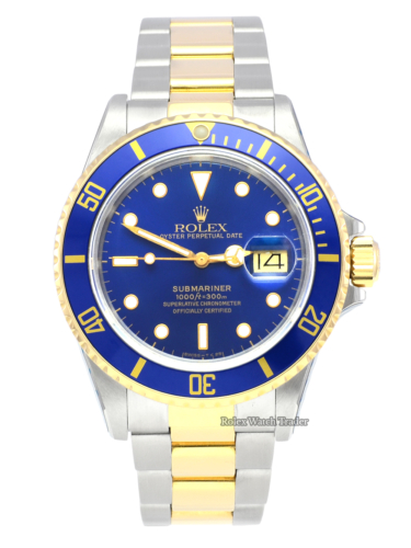 Rolex Submariner Date 16803 Serviced by Rolex with 2 Years Warranty Bi-Metal 40mm Stainless Steel & Yellow Gold Blue Sunburst Effect Dial For Sale Available Purchase Buy Online with Part Exchange or Direct Sale Manchester North West England UK Great Britain Buy Today Free Next Day Delivery Warranty Luxury Watch Watches