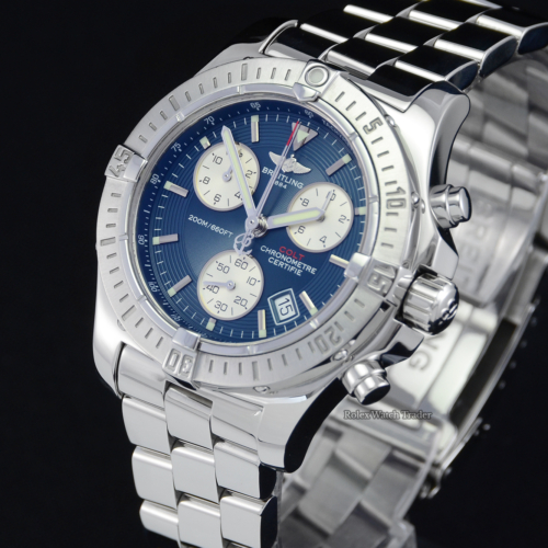 Breitling Colt Chronograph A73380 Blue Dial Pre-Owned Used Second Hand Box & Papers Men's 41mm For Sale Available Purchase Buy Online with Part Exchange or Direct Sale Manchester North West England UK Great Britain Buy Today Free Next Day Delivery Warranty Luxury Watch Watches