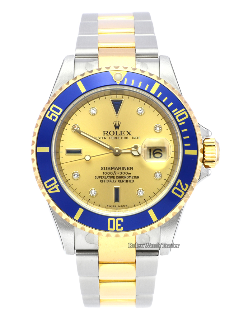 Rolex Submariner Date 16613 with Factory Stickers Bi-Metal Champagne Serti Dial Blue Bezel Never Worn Men's For Sale Available Purchase Buy Online with Part Exchange or Direct Sale Manchester North West England UK Great Britain Buy Today Free Next Day Delivery Warranty Luxury Watch Watches