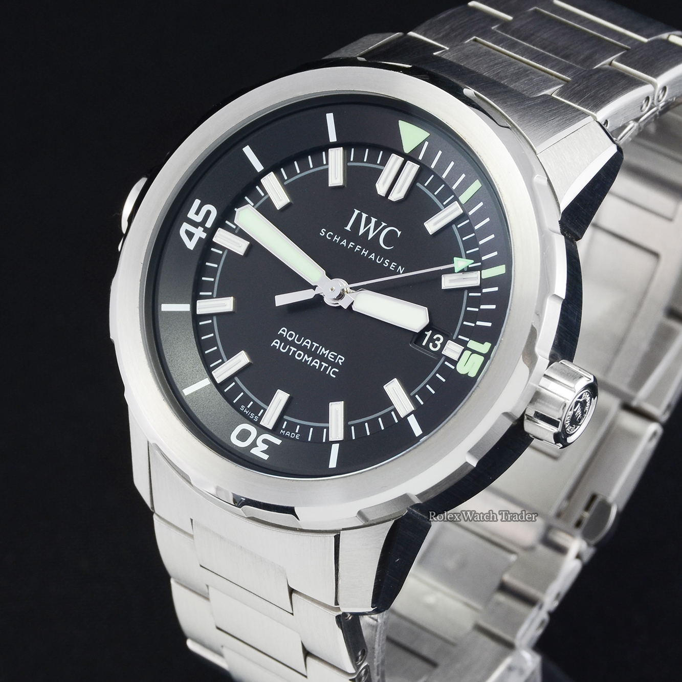 Dial detail, facing left IWC Aquatimer Automatic IW329002 Black Dial 2017 Pre-Owned Second Hand Used Men's 42mm For Sale Available Purchase Buy Online with Part Exchange or Direct Sale Manchester North West England UK Great Britain Buy Today Free Next Day Delivery Warranty Luxury Watch Watches