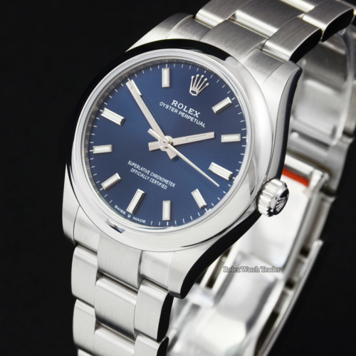 Rolex Oyster Perpetual 31 277200 Bright Blue Dial 2021 UK Unworn Brand New Navy Blue Sunburst Effect Women's Ladies' 31mm For Sale Available Purchase Buy Online with Part Exchange or Direct Sale Manchester North West England UK Great Britain Buy Today Free Next Day Delivery Warranty Luxury Watch Watches