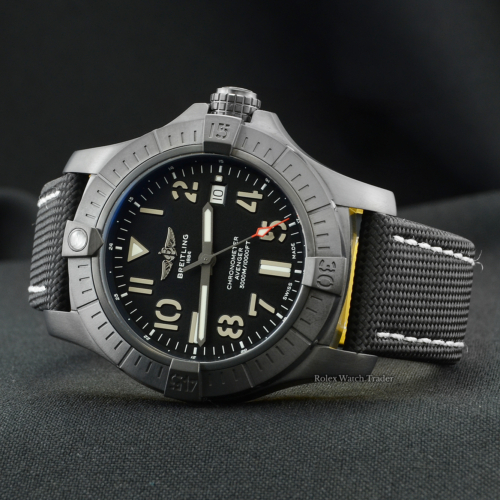 Breitling Avenger Automatic 45 Seawolf Night Mission V17319101B1X1 Brand New Unworn June 2021 Black Dial DLC Coated Titanium Case & Bezel Textile and Calfskin Leather Strap For Sale Available Purchase Buy Online with Part Exchange or Direct Sale Manchester North West England UK Great Britain Buy Today Free Next Day Delivery Warranty Luxury Watch Watches