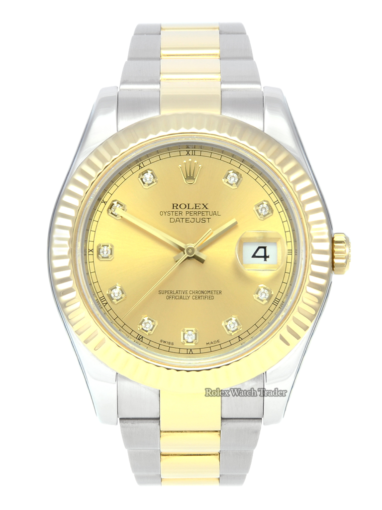 Rolex Datejust II 116333 Serviced by Rolex with Stickers & 2 Years Warranty Bi-Metal Stainless Steel & Yellow Gold Two Tone Champagne Diamond Dot Dial Sunburst Effect Fluted Bezel Screw Down Crown Pre-Owned Second Hand Used Previously Owned 41mm Men's For Sale Available Purchase Buy Online with Part Exchange or Direct Sale Manchester North West England UK Great Britain Buy Today Free Next Day Delivery Warranty Luxury Watch Watches