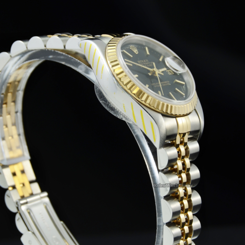 Rolex Lady-Datejust 69173 with Rolex Service and 2 Years Warranty Pre-Owned Second Hand Used Women's Ladies' Bi-Metal Bimetal Stainless Steel Yellow Gold Black Baton Dial Jubilee Bracelet For Sale Available Purchase Buy Online with Part Exchange or Direct Sale Manchester North West England UK Great Britain Buy Today Free Next Day Delivery Warranty Luxury Watch Watches