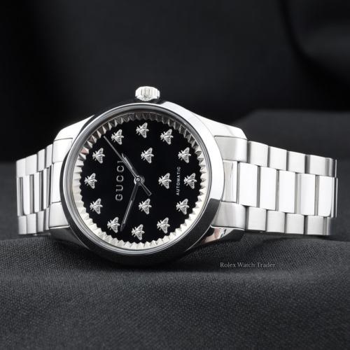Gucci G-Timeless Automatic YA1264130 38mm Black Onyx Bee Motif Dial Stainless Steel Brand New Unworn For Sale Available Purchase Buy Online with Part Exchange or Direct Sale Manchester North West England UK Great Britain Buy Today Free Next Day Delivery Warranty Luxury Watch Watches