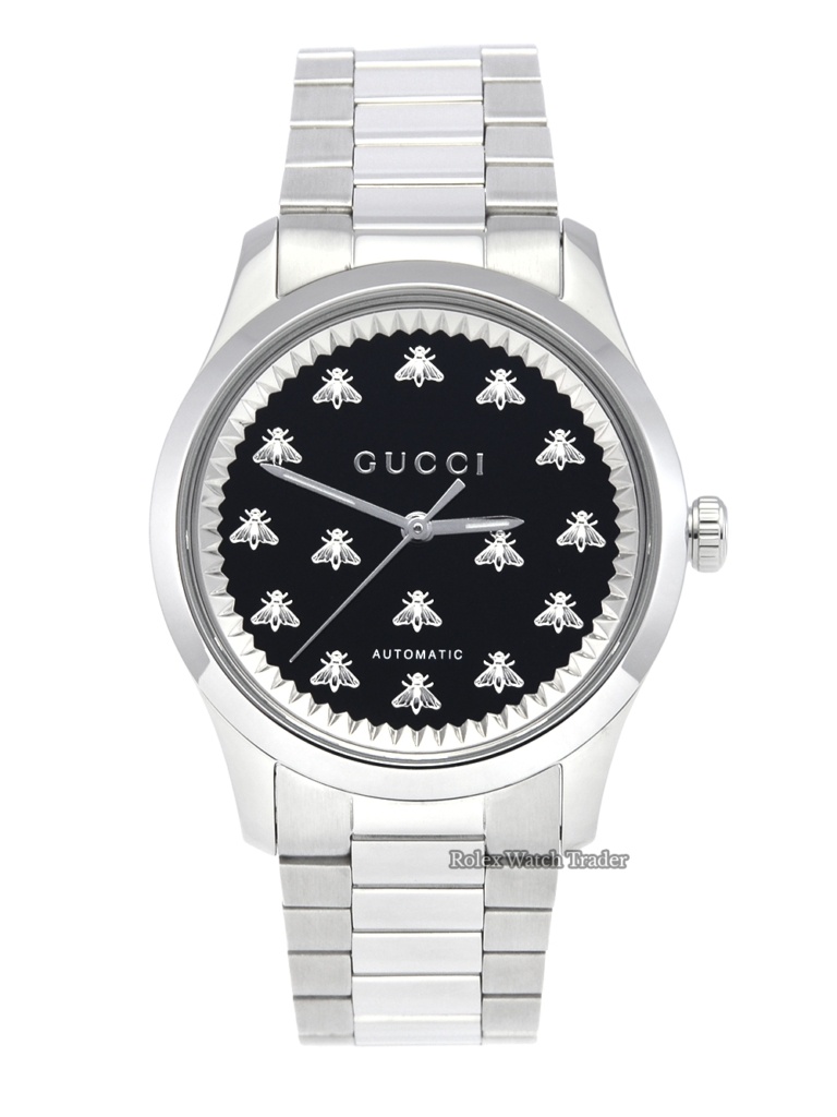 Gucci G-Timeless Automatic YA1264130 38mm Black Onyx Bee Motif Dial Stainless Steel Brand New Unworn For Sale Available Purchase Buy Online with Part Exchange or Direct Sale Manchester North West England UK Great Britain Buy Today Free Next Day Delivery Warranty Luxury Watch Watches