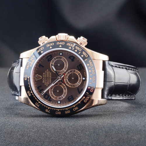 Rolex Daytona 116515LN with Stickers Discontinued Chocolate Arabic Dial Black Alligator Leather Strap Pre-Owned Second Hand Used Previously Owned Black Ceramic Bezel Men's Unisex 40mm Rose Gold For Sale Available Purchase Buy Online with Part Exchange or Direct Sale Manchester North West England UK Great Britain Buy Today Free Next Day Delivery Warranty Luxury Watch Watches