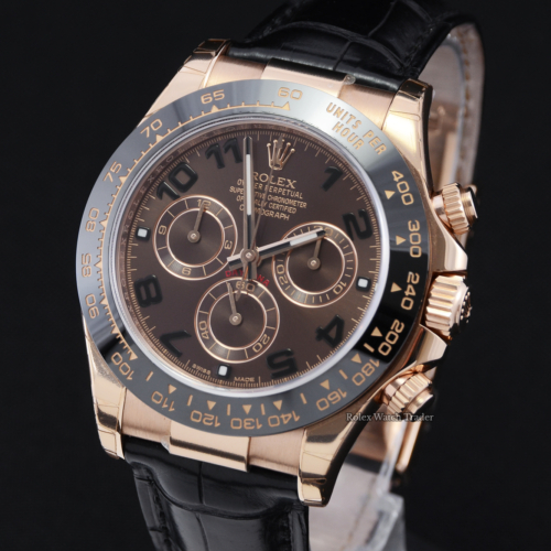 Rolex Daytona 116515LN with Stickers Discontinued Chocolate Arabic Dial Black Alligator Leather Strap Pre-Owned Second Hand Used Previously Owned Black Ceramic Bezel Men's Unisex 40mm Rose Gold For Sale Available Purchase Buy Online with Part Exchange or Direct Sale Manchester North West England UK Great Britain Buy Today Free Next Day Delivery Warranty Luxury Watch Watches