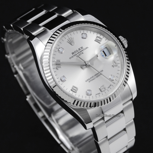 Rolex Oyster Perpetual Date 115234 34mm Silver Diamond & Arabic Numeral Dial Stainless Steel Oyster Bracelet Fluted Bezel For Sale Available Purchase Buy Online with Part Exchange or Direct Sale Manchester North West England UK Great Britain Buy Today Free Next Day Delivery Warranty Luxury Watch Watches