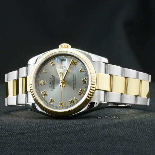Rolex Datejust 116233 Serviced by Rolex with Stickers and 2 Years Warranty Grey Roman Numeral Dial Pre-Owned Second Hand Used Men's Unisex Women's 36mm Bimetal Stainless Steel & Yellow Gold For Sale Available Purchase Buy Online with Part Exchange or Direct Sale Manchester North West England UK Great Britain Buy Today Free Next Day Delivery Warranty Luxury Watch Watches
