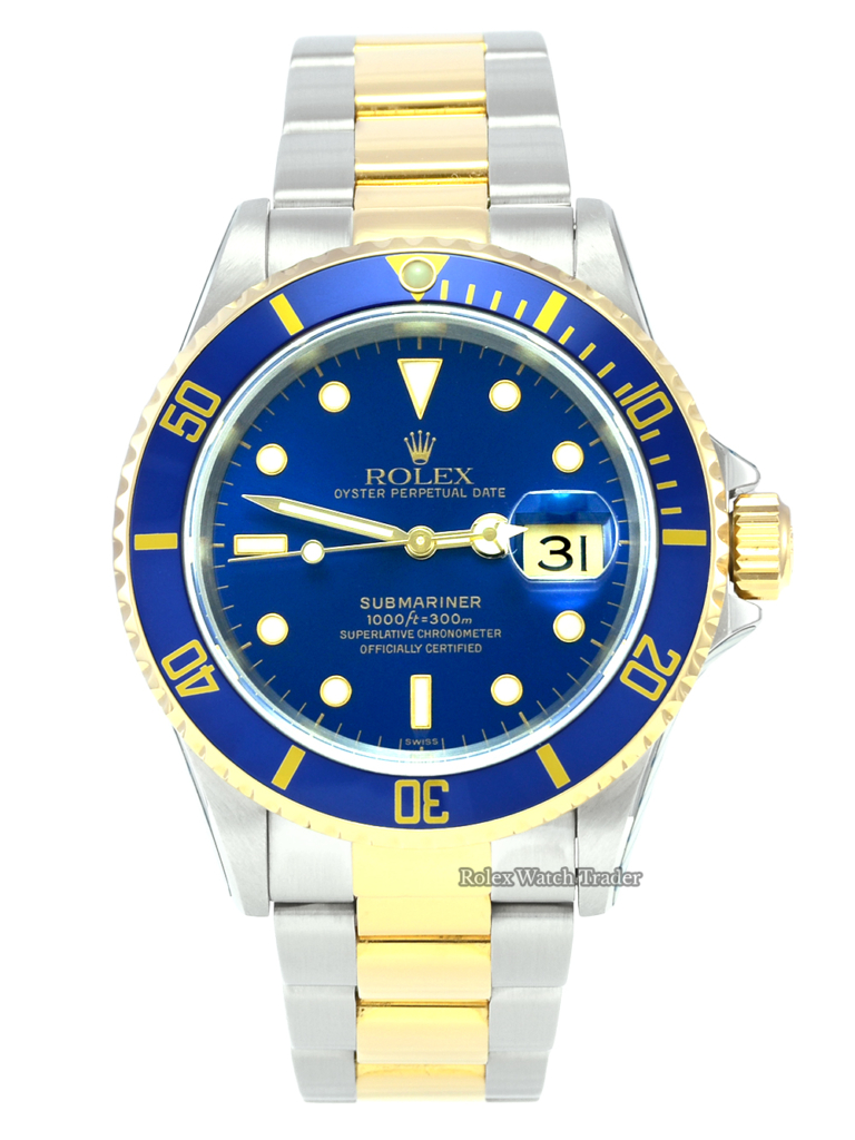 Rolex Submariner Date 16613 SERVICED BY ROLEX Bi-Metal Box & Papers Blue Dial Pre-Owned Used Second Hand 40mm with 2 Years Service Warranty Men's Unisex For Sale Available Purchase Buy Online with Part Exchange or Direct Sale Manchester North West England UK Great Britain Buy Today Free Next Day Delivery Warranty Luxury Watch Watches