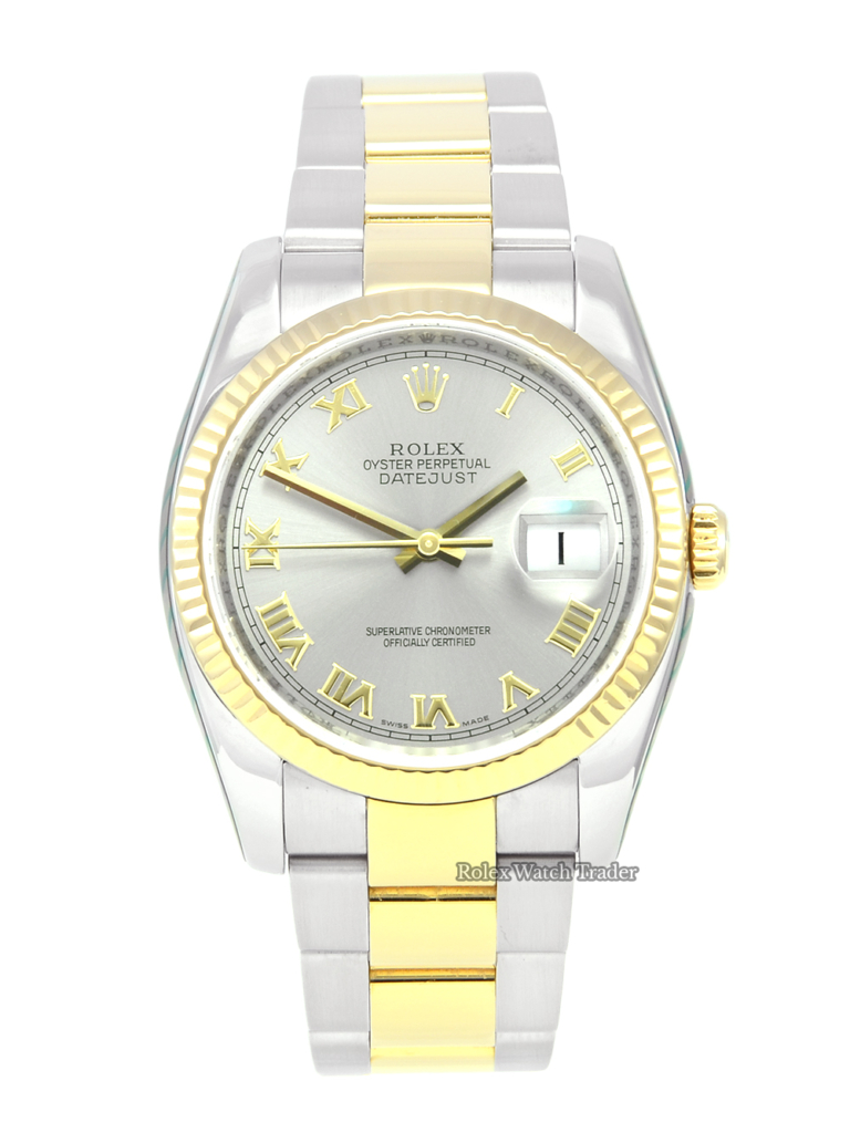Rolex Datejust 116233 Serviced by Rolex with Stickers and 2 Years Warranty Grey Roman Numeral Dial Pre-Owned Second Hand Used Men's Unisex Women's 36mm Bimetal Stainless Steel & Yellow Gold For Sale Available Purchase Buy Online with Part Exchange or Direct Sale Manchester North West England UK Great Britain Buy Today Free Next Day Delivery Warranty Luxury Watch Watches