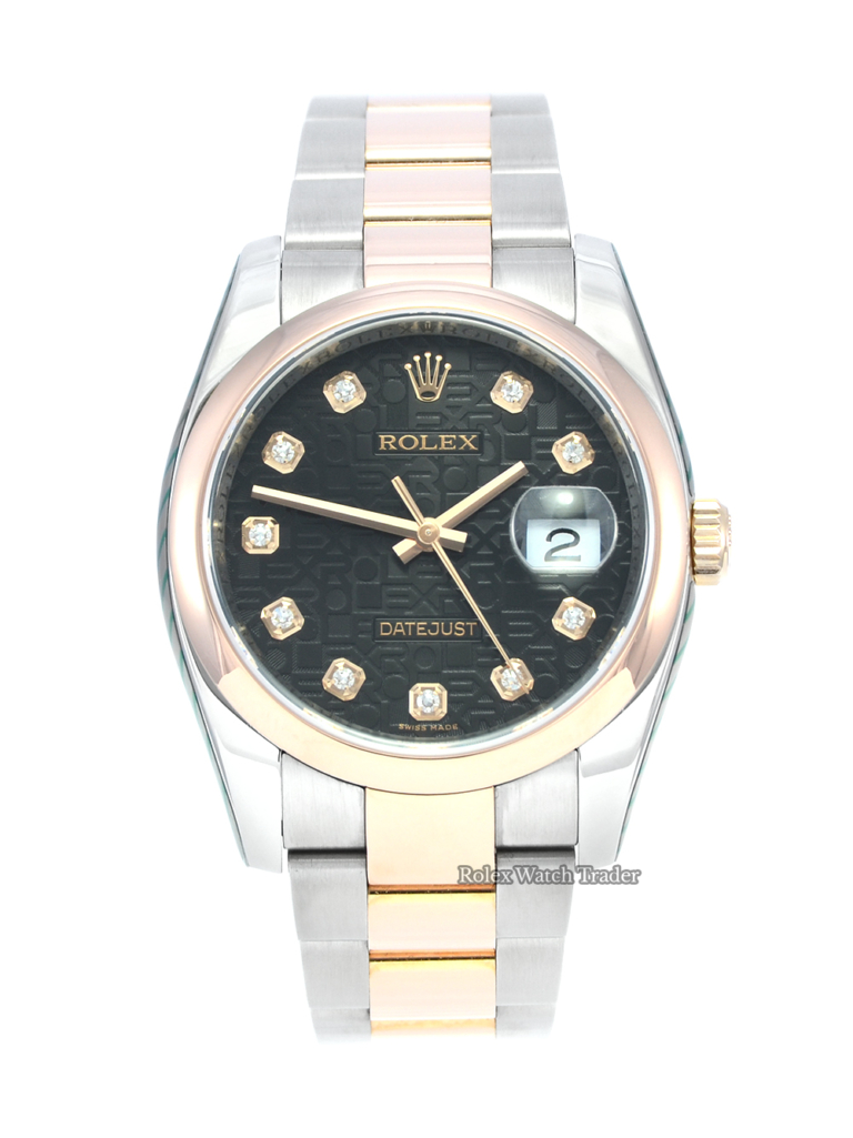 Rolex Datejust 116201 Just Serviced by Rolex with 2 Years Warranty Bi-Metal Two Tone Stainless Steel & Rose Gold Oyster Bracelet Smooth Domed Rose Gold Bezel Black Jubilee Diamond Dot Dial Stickers Men's Women's Unisex For Sale Available Purchase Buy Online with Part Exchange or Direct Sale Manchester North West England UK Great Britain Buy Today Free Next Day Delivery Warranty Luxury Watch Watches