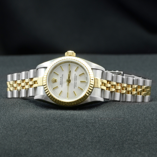 Rolex Oyster Perpetual Lady 76193 Serviced by Rolex UK with 2 Years Warranty Silver Baton Dial Fluted Yellow Gold Bezel Bi-Metal Jubilee Strap in Stainless Steel & Yellow Gold 24 mm Case Box & Papers Women's Ladies' Vintage For Sale Available Purchase Buy Online with Part Exchange or Direct Sale Manchester North West England UK Great Britain Buy Today Free Next Day Delivery Warranty Luxury Watch Watches