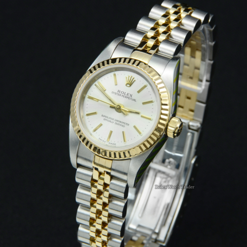 Rolex Oyster Perpetual Lady 76193 Serviced by Rolex UK with 2 Years Warranty Silver Baton Dial Fluted Yellow Gold Bezel Bi-Metal Jubilee Strap in Stainless Steel & Yellow Gold 24 mm Case Box & Papers Women's Ladies' Vintage For Sale Available Purchase Buy Online with Part Exchange or Direct Sale Manchester North West England UK Great Britain Buy Today Free Next Day Delivery Warranty Luxury Watch Watches