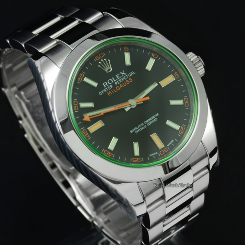 Rolex Milgauss 116400GV Serviced by Rolex with Stickers and 2 Years Warranty Very Good Used Pre-Owned Second Hand Condition Stainless Steel Green Dial Oyster 40mm Sports Men's Gentleman's For Sale Available Purchase Buy Online with Part Exchange or Direct Sale Manchester North West England UK Great Britain Buy Today Free Next Day Delivery Warranty Luxury Watch Watches