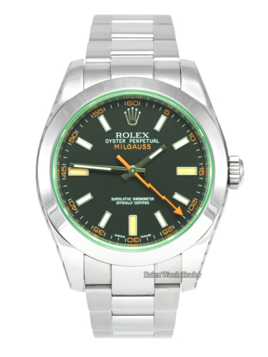 Rolex Milgauss 116400GV Serviced by Rolex with Stickers and 2 Years Warranty Very Good Used Pre-Owned Second Hand Condition Stainless Steel Green Dial Oyster 40mm Sports Men's Gentleman's For Sale Available Purchase Buy Online with Part Exchange or Direct Sale Manchester North West England UK Great Britain Buy Today Free Next Day Delivery Warranty Luxury Watch Watches