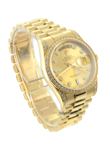 Rolex Day-Date 118388 with diamond bezel, shoulders & gem set dial For Sale Available Purchase Buy Online with Part Exchange or Direct Sale Manchester North West England UK Great Britain Buy Today Free Next Day Delivery Warranty Luxury Watch Watches