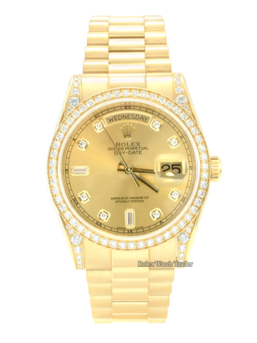 Rolex Day-Date 118388 36mm Yellow Gold Factory Gem Set Diamond Bezel Shoulders and Diamond Dot / Baguette Dial For Sale Available Purchase Buy Online with Part Exchange or Direct Sale Manchester North West England UK Great Britain Buy Today Free Next Day Delivery Warranty Luxury Watch Watches