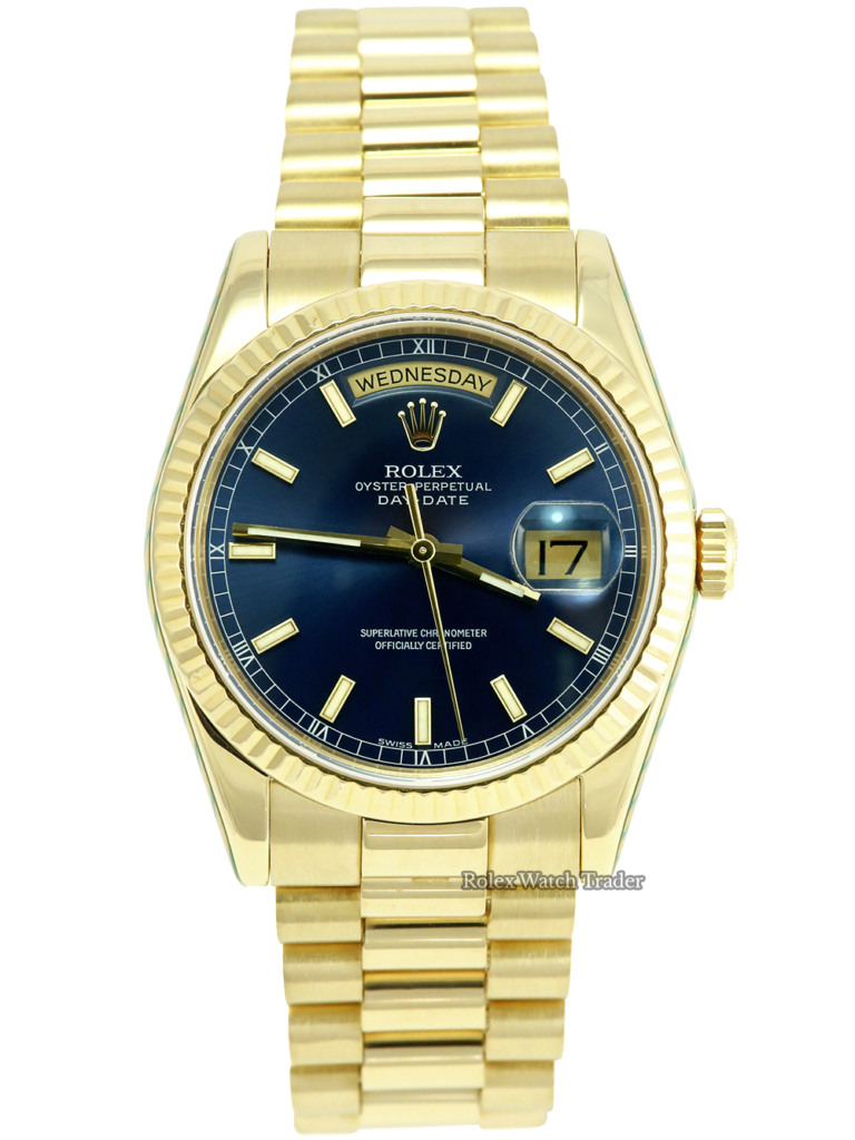 Rolex Day-Date 36mm 118238 Rare Navy Blue Dial Serviced by Rolex For Sale Available Purchase Buy Online with Part Exchange or Direct Sale Manchester North West England UK Great Britain Buy Today Free Next Day Delivery Warranty Luxury Watch Watches
