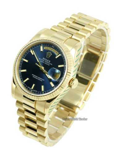 Rolex Day-Date 36mm 118238 Rare Navy Blue Dial Serviced by Rolex For Sale Available Purchase Buy Online with Part Exchange or Direct Sale Manchester North West England UK Great Britain Buy Today Free Next Day Delivery Warranty Luxury Watch Watches