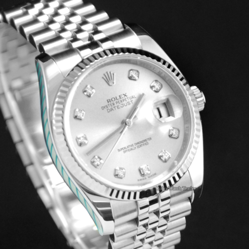 Rolex Datejust 116234 36mm Silver Diamond Dot Dial For Sale Available Purchase Buy Online with Part Exchange or Direct Sale Manchester North West England UK Great Britain Buy Today Free Next Day Delivery Warranty Luxury Watch Watches