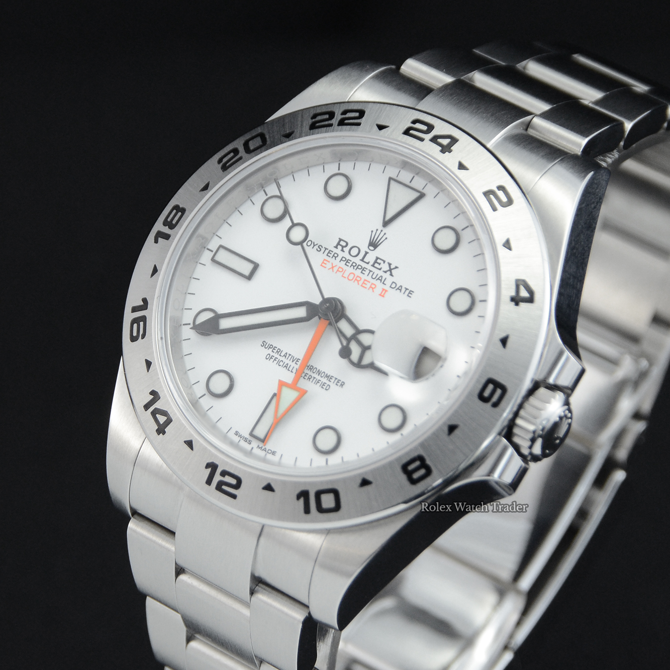 Dial detail, facing left Rolex Explorer II 216570 42mm White Dial Discontinued 2019 For Sale Available Purchase Buy Online with Part Exchange or Direct Sale Manchester North West England UK Great Britain Buy Today Free Next Day Delivery Warranty Luxury Watch Watches