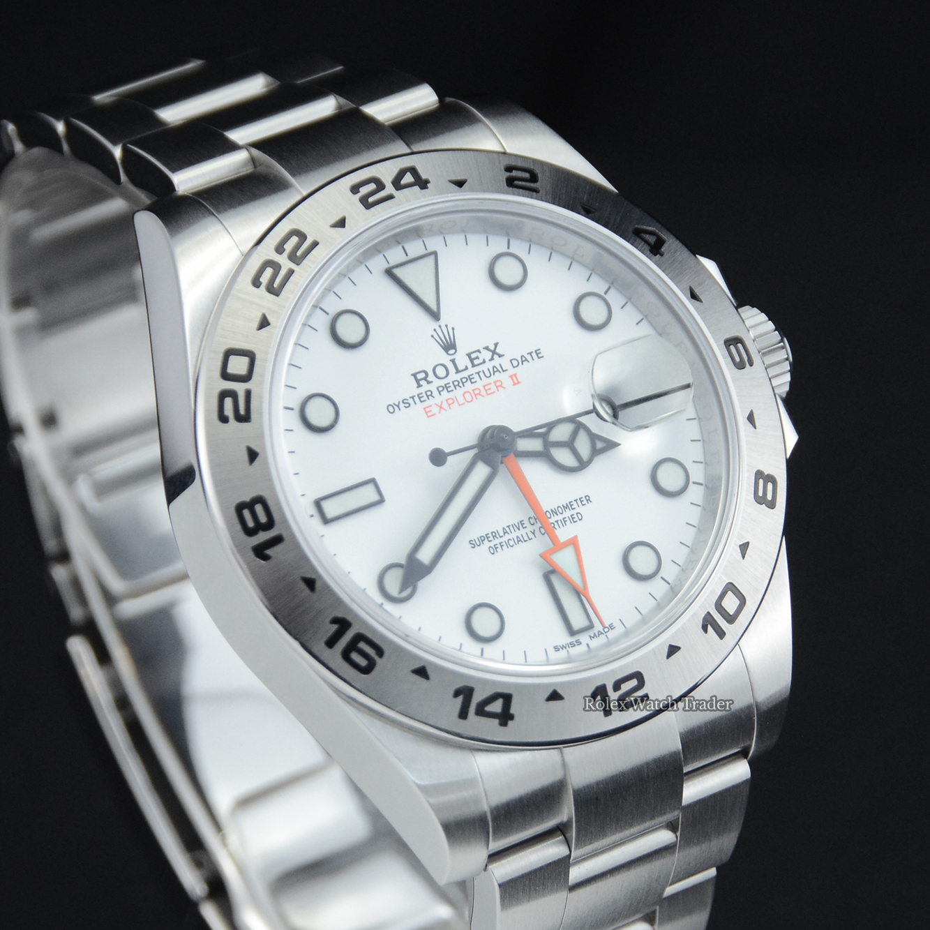 Dial detail, facing right Rolex Explorer II 216570 42mm White Dial Discontinued 2019 For Sale Available Purchase Buy Online with Part Exchange or Direct Sale Manchester North West England UK Great Britain Buy Today Free Next Day Delivery Warranty Luxury Watch Watches