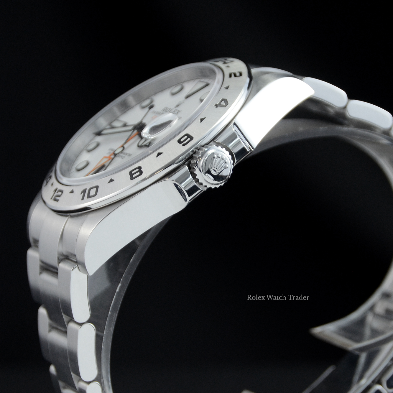 Crown detail Rolex Explorer II 216570 42mm White Dial Discontinued 2019 For Sale Available Purchase Buy Online with Part Exchange or Direct Sale Manchester North West England UK Great Britain Buy Today Free Next Day Delivery Warranty Luxury Watch Watches