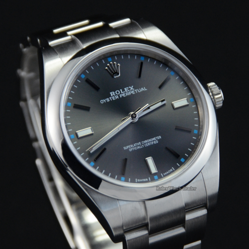 Rolex Oyster Perpetual 39 114300 Rhodium Grey Dial 2018 For Sale Available Purchase Buy Online with Part Exchange or Direct Sale Manchester North West England UK Great Britain Buy Today Free Next Day Delivery Warranty Luxury Watch Watches